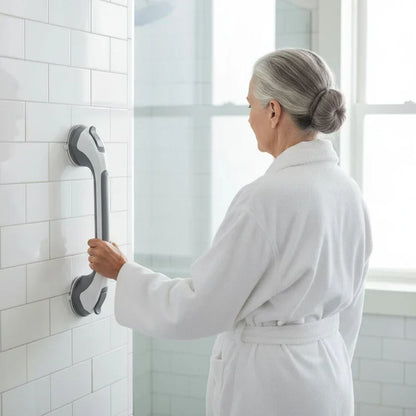 Saug-Duschhaltegriff an der Dusche mit grauem Griff