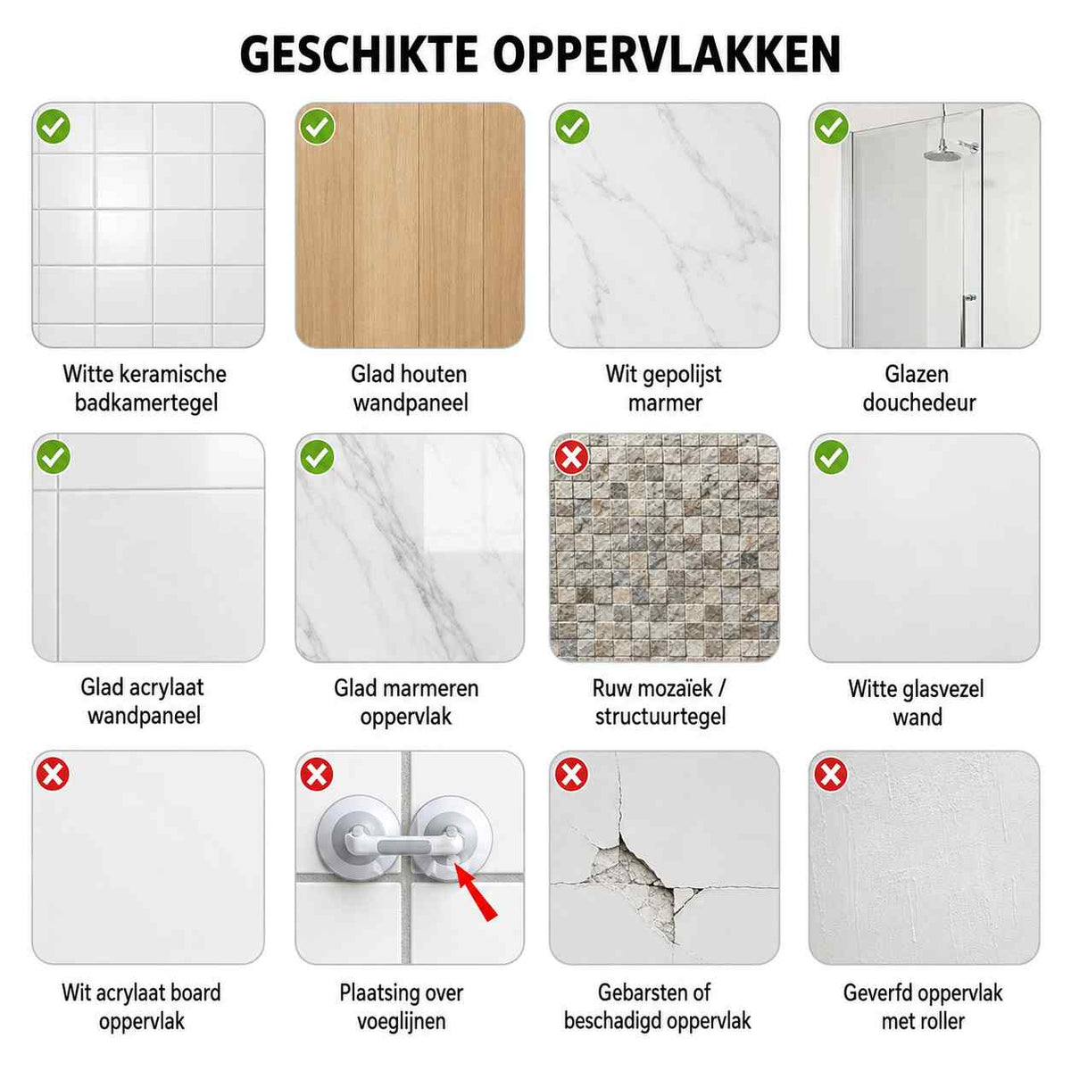 Übersicht geeigneter und ungeeigneter Untergründe für den Saug-Duschhaltegriff