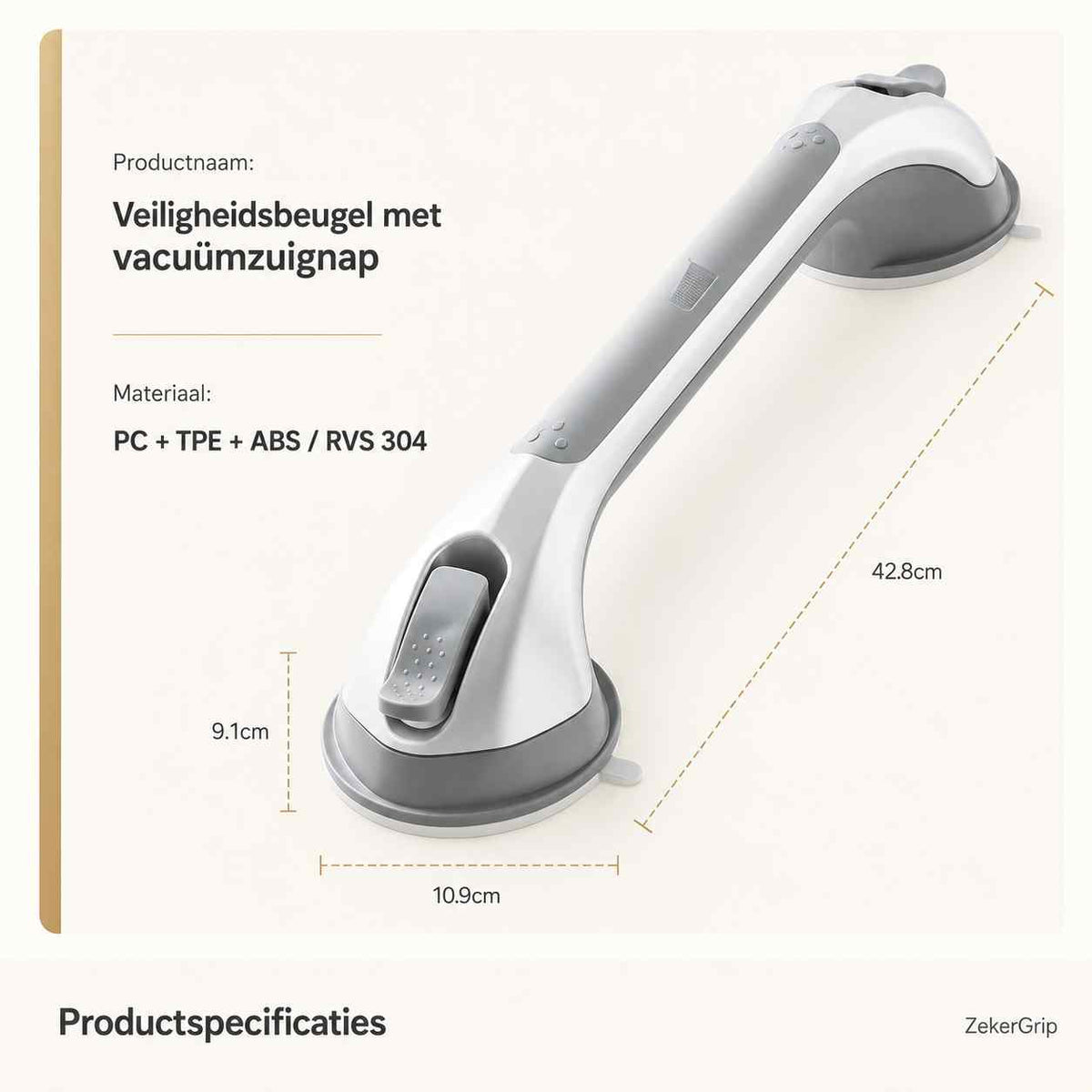 Produktgrafik des Saug-Duschhaltegriffs mit Maßangaben