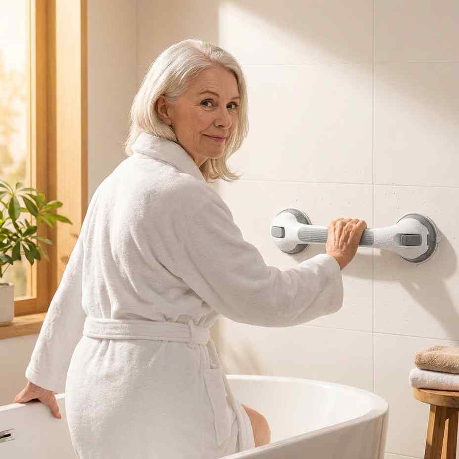 Saug-Duschhaltegriff in Weiß und Grau an einer Fliesenwand im Badezimmer