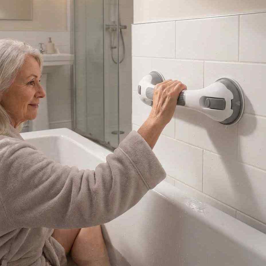 Saug-Duschhaltegriff an der Fliesenwand neben der Badewanne
