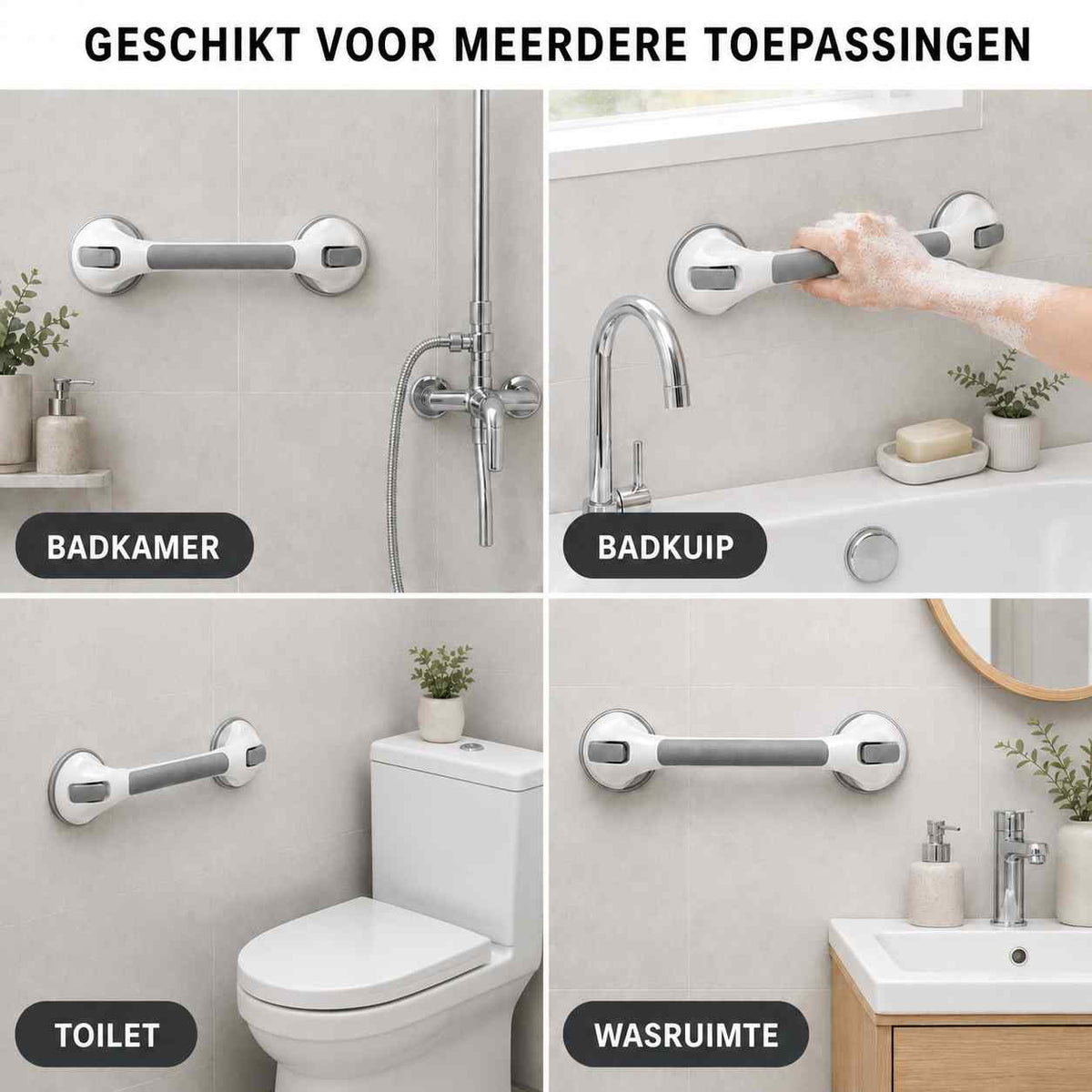 Saug-Duschhaltegriff in verschiedenen Einsatzorten im Bad