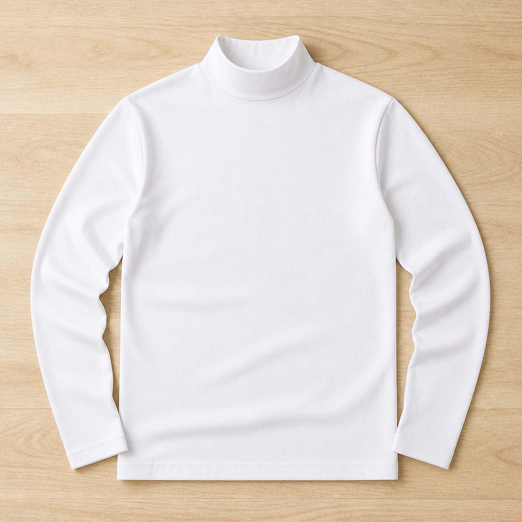 Herren Slim Fit Langarmshirt mit umklappbarem hohem Kragen in Weiß, Draufsicht