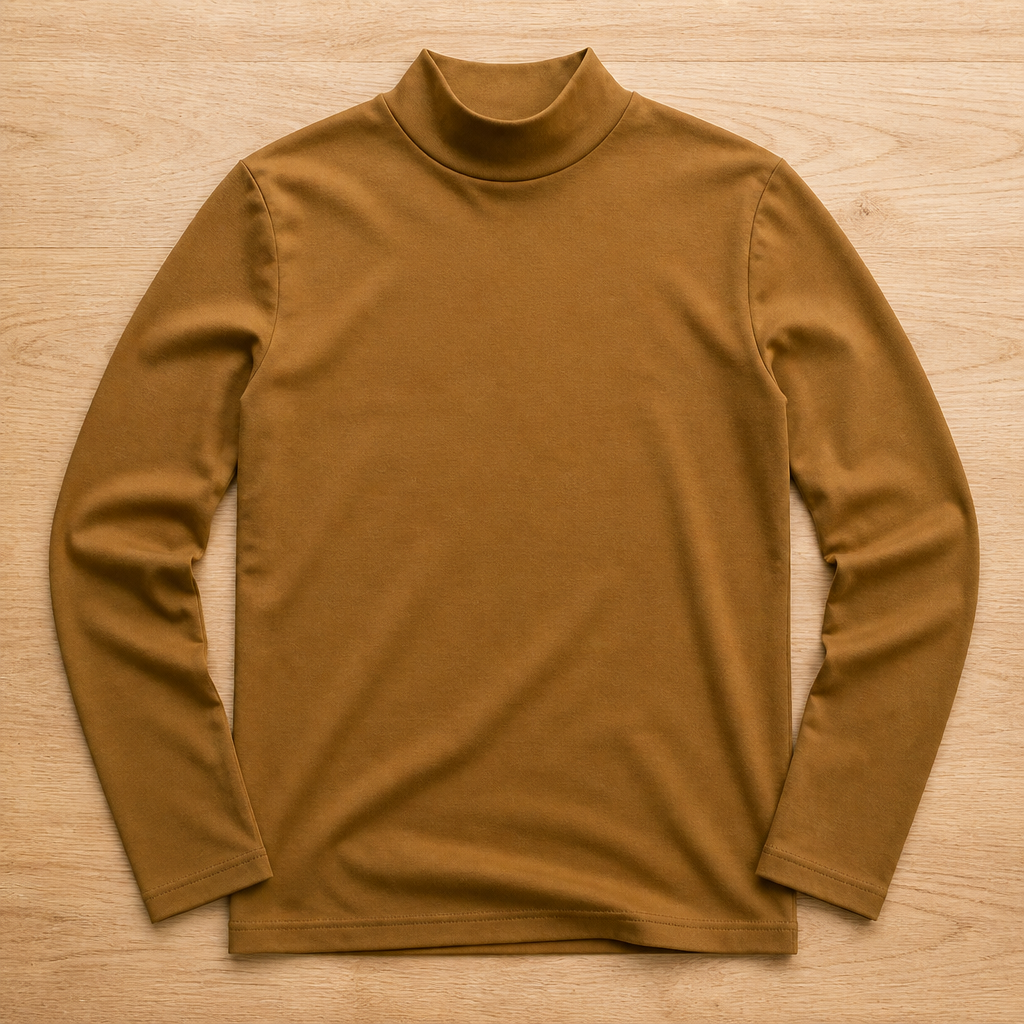 Herren Slim Fit Langarmshirt mit umklappbarem hohem Kragen in Senfbraun, Draufsicht