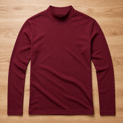 Herren Slim Fit Langarmshirt mit umklappbarem hohem Kragen in Weinrot, Draufsicht