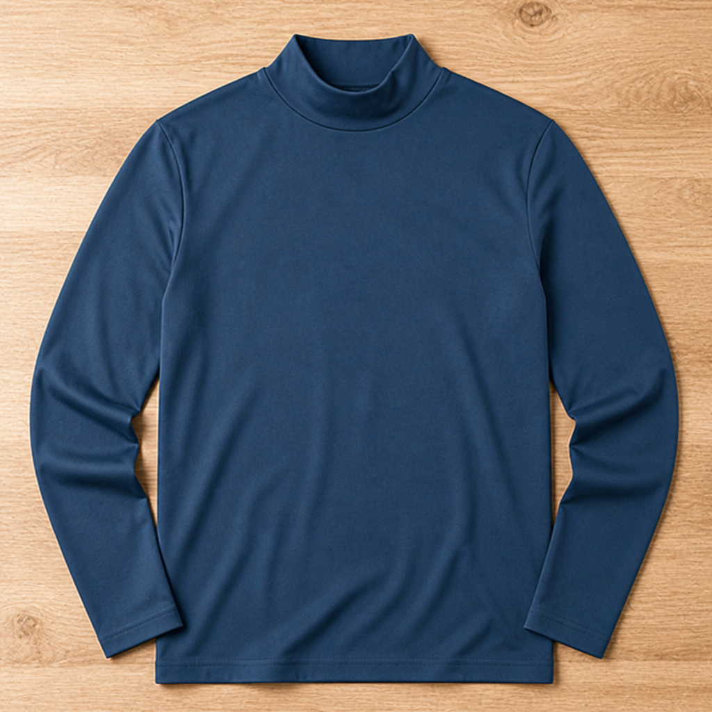 Herren Slim Fit Langarmshirt mit umklappbarem hohem Kragen in Blau, Draufsicht