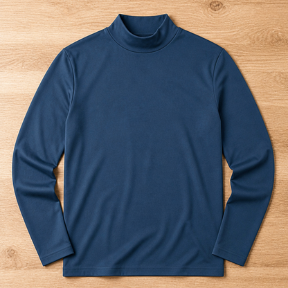 Herren Slim Fit Langarmshirt mit umklappbarem hohem Kragen in Blau, Draufsicht