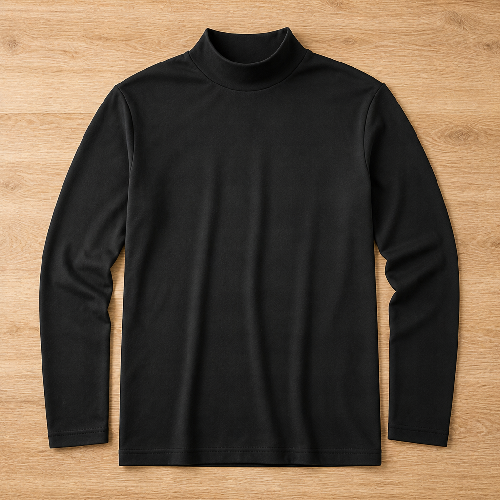 Herren Slim Fit Langarmshirt mit umklappbarem hohem Kragen in Schwarz, von vorn flach ausgelegt