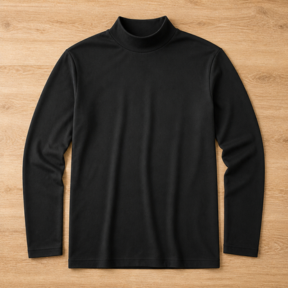 Herren Slim Fit Langarmshirt mit umklappbarem hohem Kragen in Schwarz, von vorn flach ausgelegt